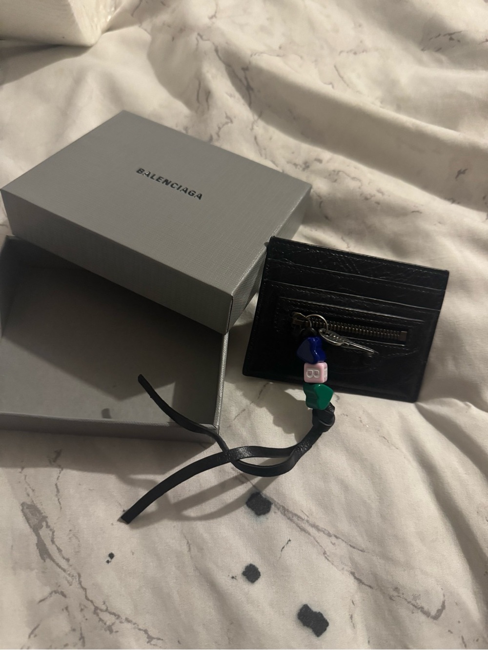 Balenciaga Black Leather Cardholder with Colorful Bead Charm and Zip